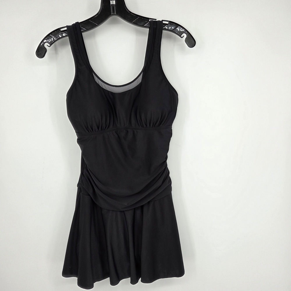 SHEKINI Black Mesh Ruched Swimdress Skirted Tankini One Piece Swimsuit S